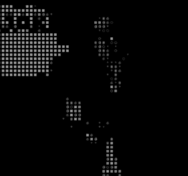 a black background with white squares and dots on it