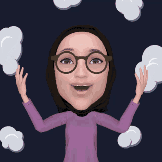 a cartoon of a woman wearing glasses and a hijab with her hands in the air