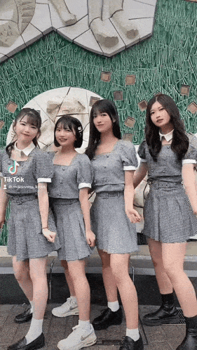 a group of girls are posing for a picture with tik tok written on the bottom