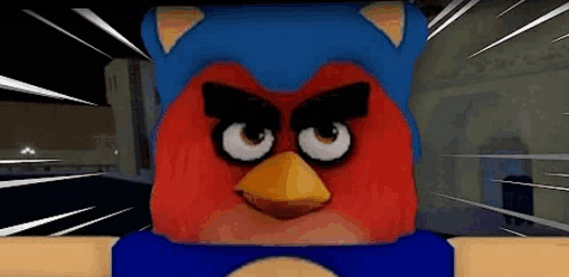 a red angry bird wearing a blue hat and a blue shirt is standing in front of a building .