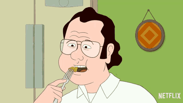 a cartoon of a man eating food with a netflix logo on the bottom right