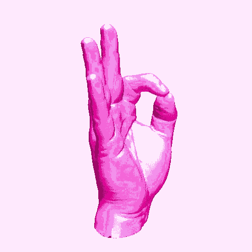 a pink hand is giving an ok sign on a white background .