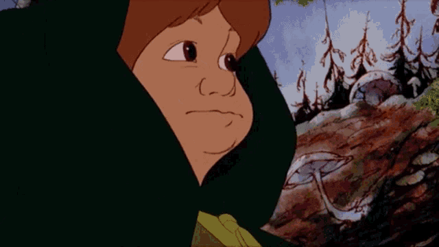 a cartoon character with a green hood is looking at something