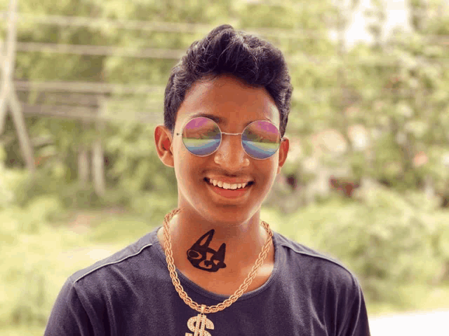a young man with a tattoo of a cat and a dollar sign on his neck