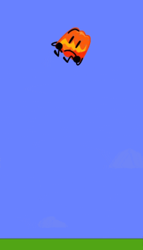 a cartoon drawing of a fireball with a blue sky and clouds behind it