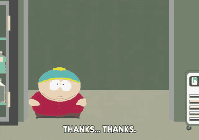 a cartoon character says " thanks thanks " in front of a refrigerator