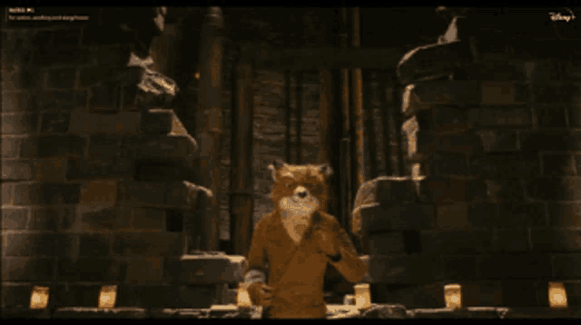 a fox is standing in front of a brick wall with a disney logo in the corner