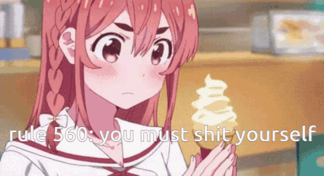 a girl in a school uniform is holding an ice cream cone with the words rule 560 : you must shit yourself above her