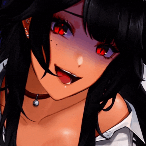 a girl with black hair and red eyes is wearing a choker