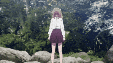 a girl in a white shirt and purple skirt is standing in front of a forest