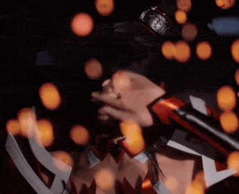 a woman in a red and black costume is holding a sword in her hand