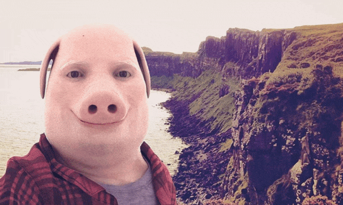 a man wearing a pig mask stands in front of a cliff overlooking a body of water