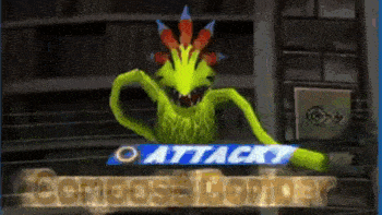 a green monster is standing in front of a sign that says ' attack '