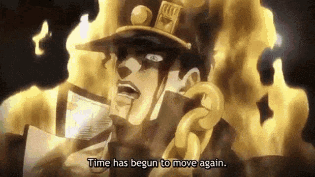 a man in a hat with the words `` time has begun to move again '' written on it .