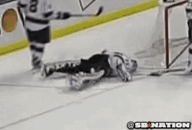 a hockey player with the number 8 on his jersey is laying on the ice next to another player