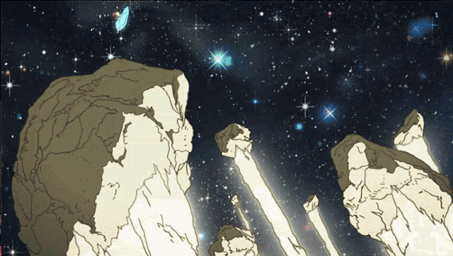 a drawing of a group of people looking up at the sky