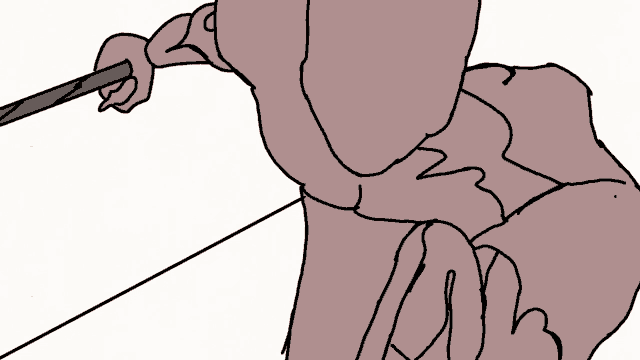 a cartoon drawing of a man holding a red stick