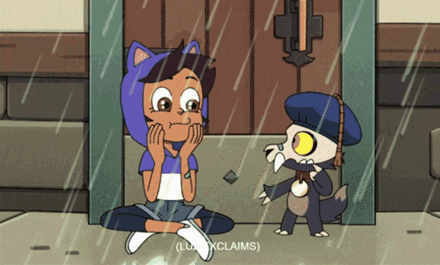 a cartoon of a girl and a dog sitting in the rain