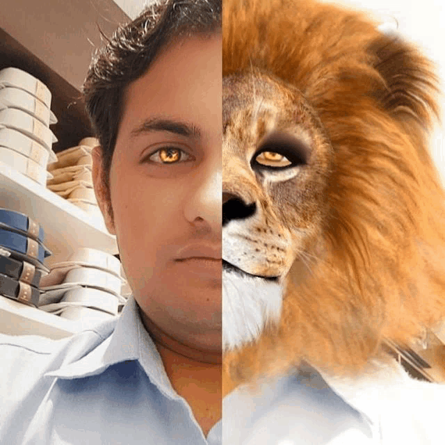 a man 's face is split in half with a picture of a lion 's face