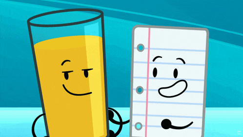 a cartoon of a glass of orange juice and a piece of paper with faces on them