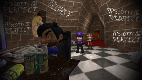 a cartoon character is sitting at a desk in front of a wall that says it 's gotta be perfect