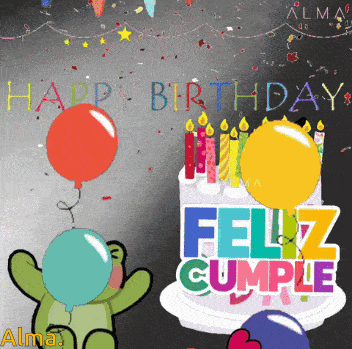 a birthday card with a cake and balloons that says happy birthday feliz cumple
