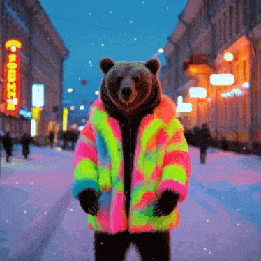 a bear wearing a colorful fur coat is standing in front of a sign that says cashew