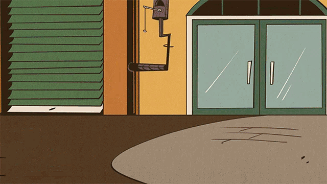 a cartoon drawing of a building with a green door and shutters