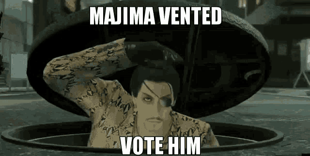 a man is sticking his head out of a manhole cover with the words `` majima vented vote him '' .