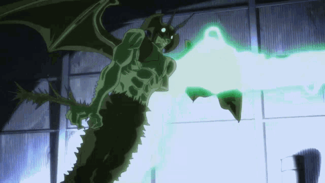 a green monster with horns and wings is standing in a room