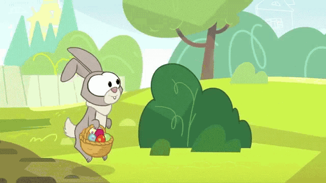 a cartoon rabbit carrying a basket of apples