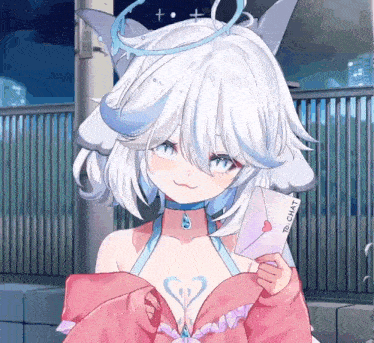 a girl with white hair is holding an envelope that says to chat on it