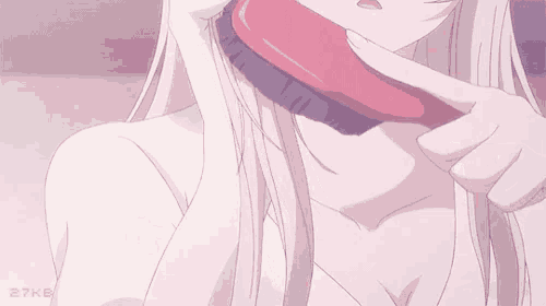 a girl with long pink hair is brushing her hair with a brush .
