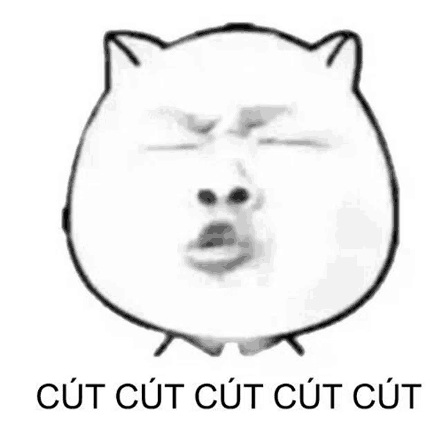 a black and white drawing of a cat 's face with the words cut cut cut cut underneath it
