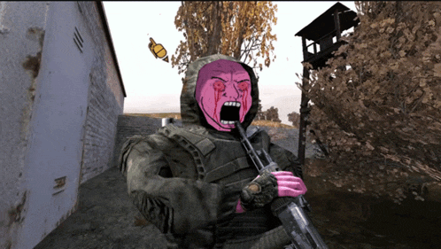 a soldier with a pink face is holding a gun and screaming