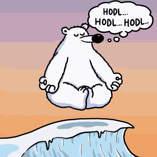 a cartoon of a polar bear meditating with a thought bubble saying hodl