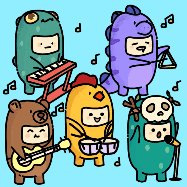 a group of cartoon characters are playing instruments and singing