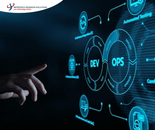 a person is pointing at a screen that says dev ops on it