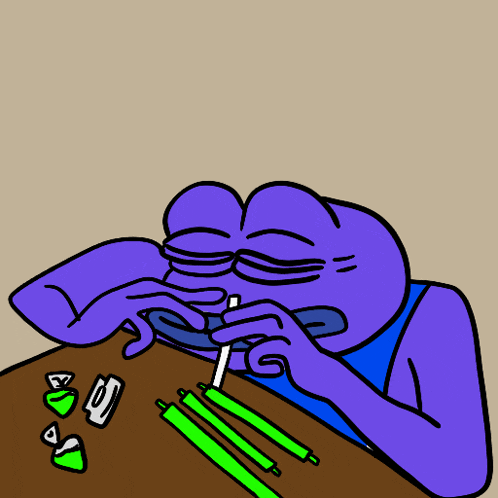 a purple frog is smoking a green cigarette