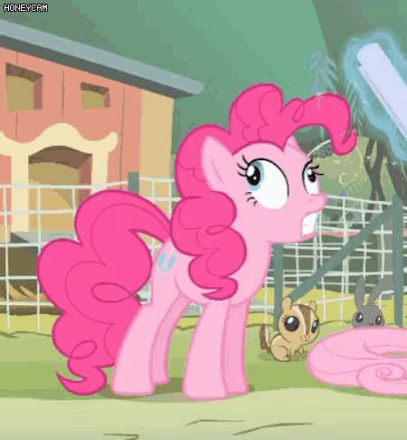 pinkie pie from my little pony is standing next to a chipmunk and a rabbit