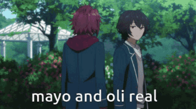 two anime characters standing next to each other with the words mayo and oli real written on the bottom