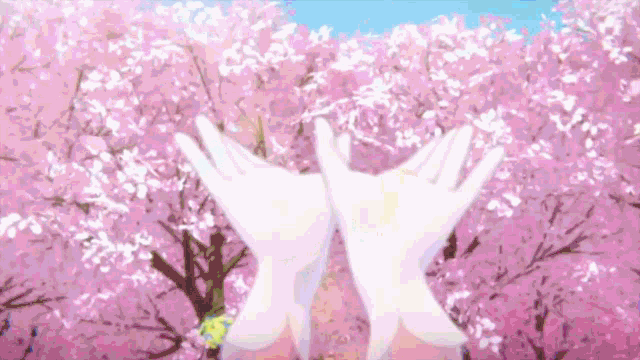 a person is holding their hands in front of a cherry blossom tree .
