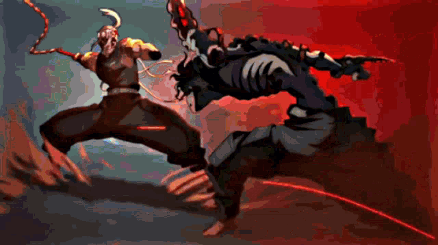 a cartoon drawing of two men fighting with a red light behind them