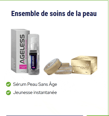 a bottle of ageless serum sits next to a box of ageless instant youth cream