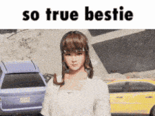 a picture of a girl with the words so true bestie