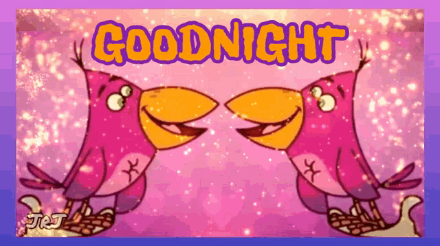 a goodnight card with two pink birds