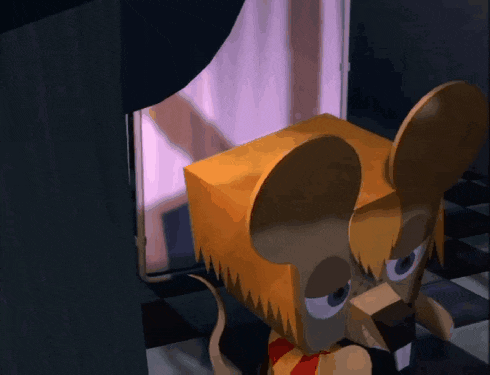 a cartoon mouse is looking out of a doorway