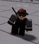 a roblox character wearing a hat and sunglasses is standing on a tiled floor holding a gun .