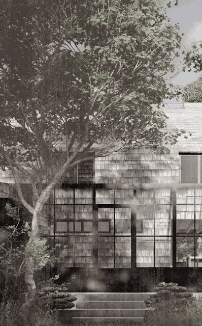 a black and white drawing of a house with a tree in front of it