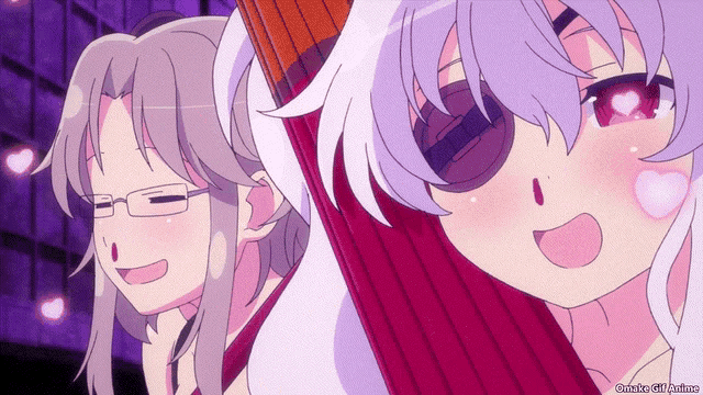 two anime girls are standing next to each other and one of them has a heart on her face